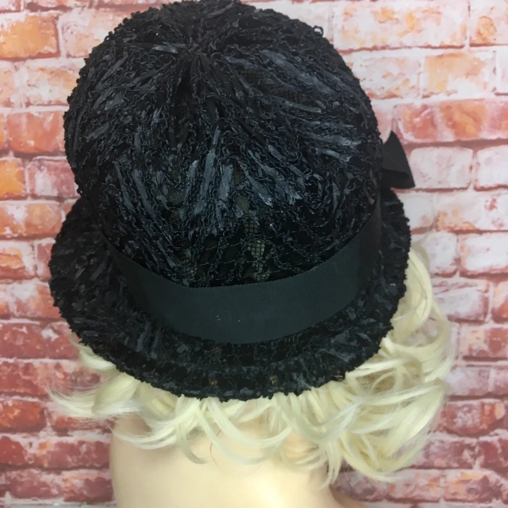Vintage MCM Black Raffia Beach Cloche Hat